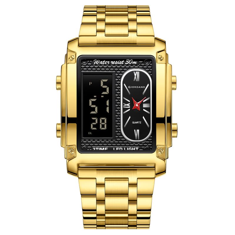Image of Giordano Analog-Digital Quartz Watch for Men with LED Light, 3-Time Display, Date Function, 30M Water Resistance & Stainless Steel Strap