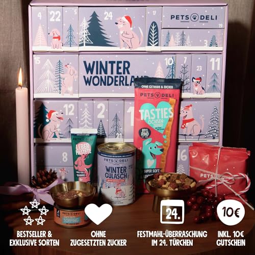 Pets Deli Adventskalender 2025 für Hunde, 24 Türchen mit Snacks, Nassfutter & Gutschein, 1280 g