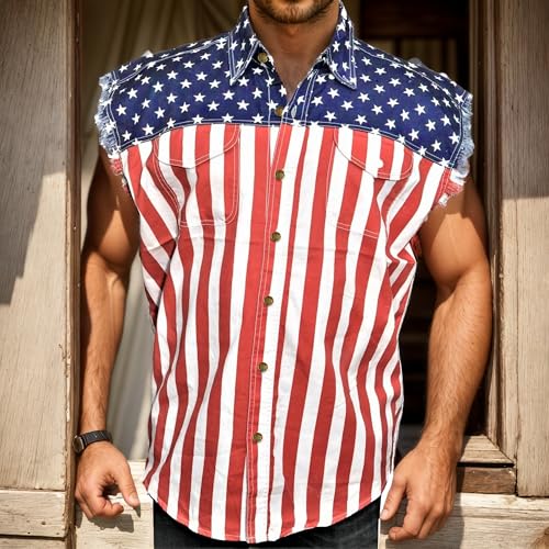 Image of Men's Denim Loose Fit Biker Vest Sleeveless Jacket Summer Retro Lapel American Flag Jean Jacket Shirt