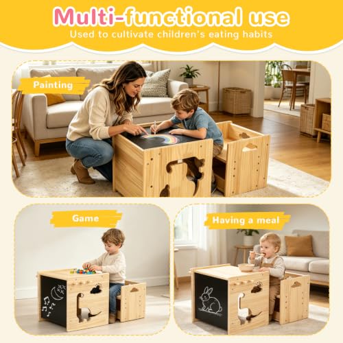 Image of Brobear Weaning Table and Chair Set for 3-Layer Adjustable, Storage Drawer | for Ages 1-3,Blackboard, Storage Hooks, Puzzle Storage Boards, Natural Wood,CPC Certification, for Dining, Painting, Reading