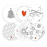 24 Weihnachtsdeko-Aufkleber Grau Weiß Rot im Handlettering Stil, 6 Motive, runde selbstklebende Sticker gemischt, MATTE Papieraufkleber für selbst gebastelte Adventskalender und Weihnachtsgeschenke