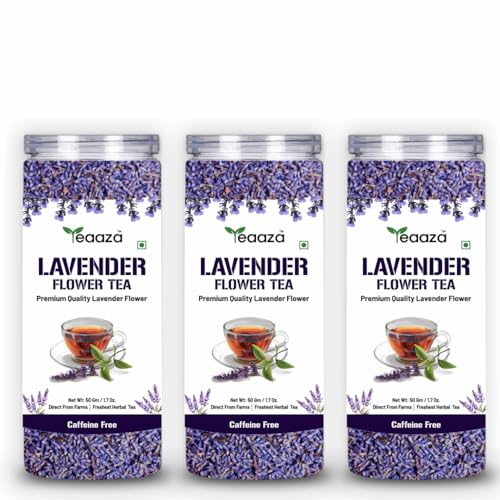 Image of Teaaza Organic Lavender Tea Pack of 3: Calming Lavender Flower Tea for Relaxation and Wellness Support inch Promotes Good Sleep, Stress Relief | Improves Immunity | Soothing Tea for Relaxation | For Glowing Skin | 30+ Cups | Flower Based - Vegan - GMO-Free - Caffeine-Free Tea- 100% Natural | Reusable Pet Jar