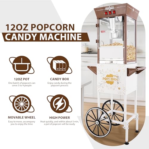Image of Campfun Popcorn Machine with 3 Candy Box, 12 Oz Professional Popcorn Maker Cart with Stainless-Steel Kettle & 3 Plastic Spoons for Movie Theater Snack Bar, Brown+White