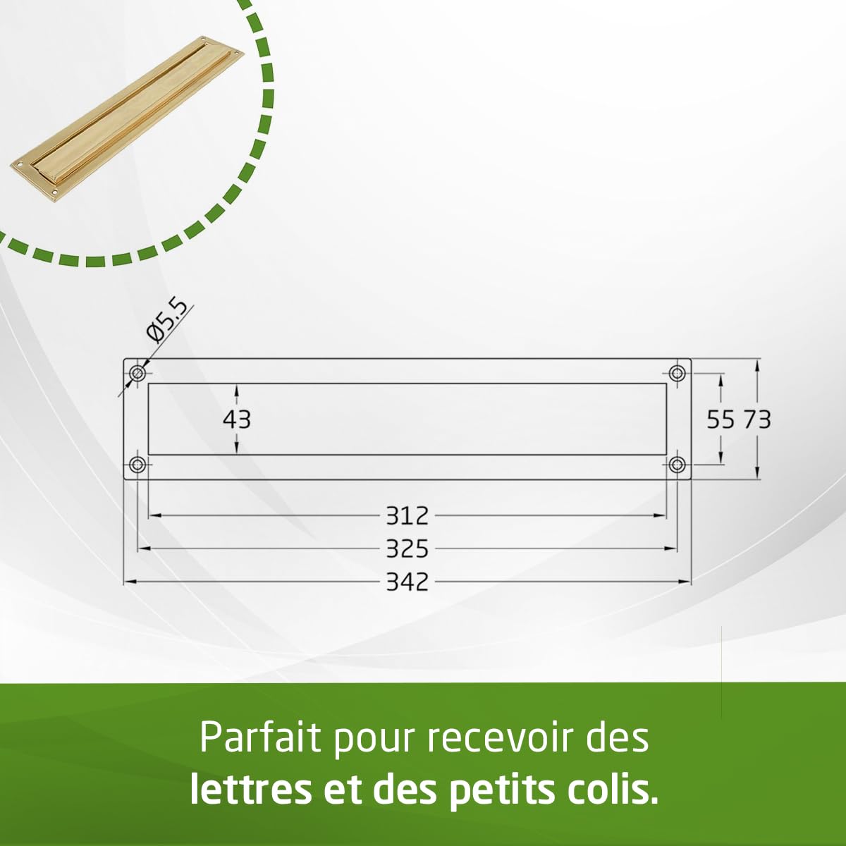Amig - Passe-Lettres Doré Mod. 2 - Volet pour Murs ou Portes - Réceptacle à Courrier Con Capot en Laiton - 342 x 73 mm - Ouverture: 312 x 43 mm - Couleur Or Poli - Fente pour Lettres