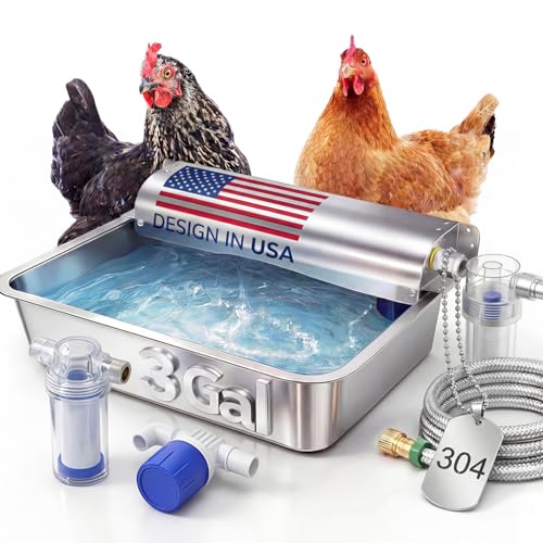 3 Gallon Automatic Chicken Waterer, Real 304 Stainless Steel Metal Poultry Waterer with Upgraded Float Valve, Extra Filter, 1.5M Hose (Stainless Steel Auto Waterer Set)
