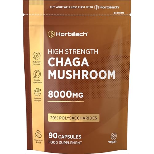 Chaga Mushroom Capsules 8000mg | High Strength Vegan Mushroom Supplement | 90 Powder Capsules | Naturally Sourced | by Horbaach