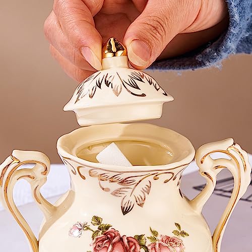 YOLIFE Ceramic Sugar and Creamer Set, Vintage Porlcelain Pitcher Creamer Sugar Bowl with Lid, Pink Rose Floarl Golden Leaves Edge - Thumbnail 5
