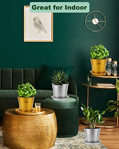 Vensovo 7 Inch Silver Metal Plant Pots With Saucer-4 Pack Large Metal Galvanized Flower Pot With Drainage Hole,Planter Pots With Tray Perfect For Planting And Wedding Party Decor #TOP3