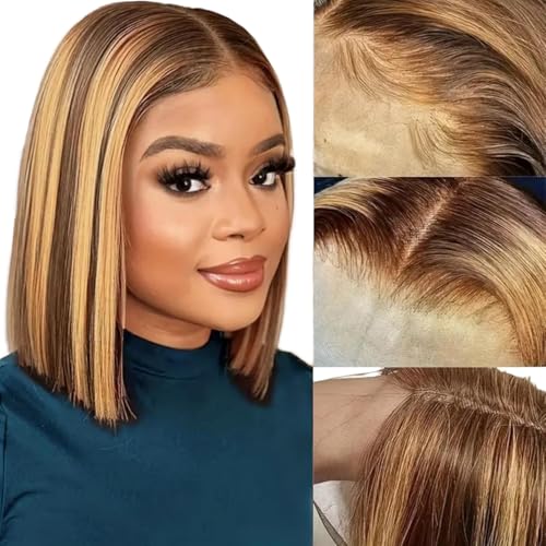 MIAORUN Shiny 4/27 10" Ombre Bob Wig Human Hair, Honey