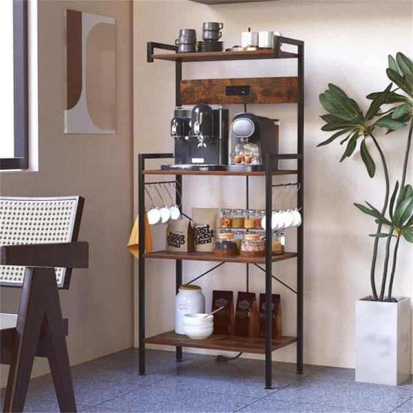 4-Stage Kitchen Rack with Power Socket, Freestanding Wood-Metal Microwave Stand, Multifunctional Shelf for Home, Dining Room & Coffee Shop Storage Solutions