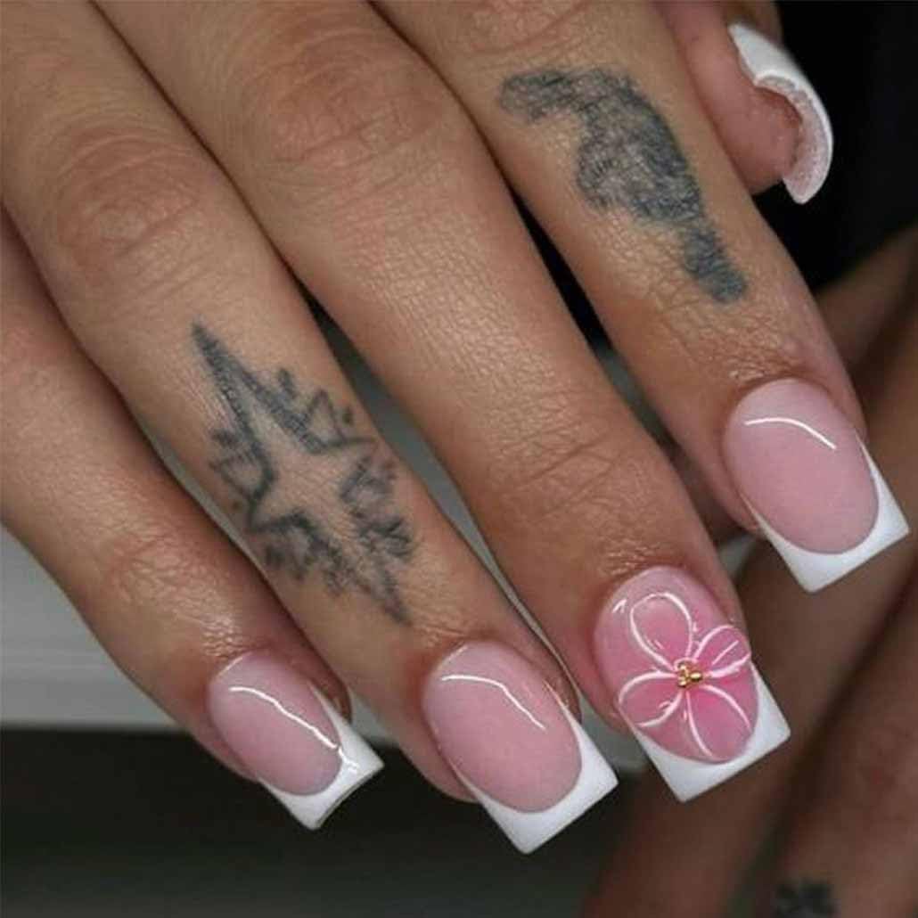 Foccna French White Press on Nails - Medium Pink Glossy Design