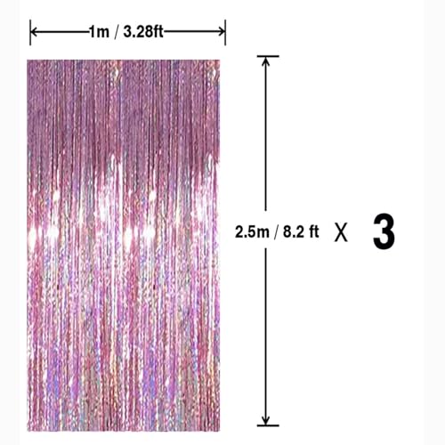 AILEXI 3 Pack 3.2ft*8.2ft Metallic Tinsel Curtains Foil Fringe Shimmer Streamers Curtain Door Window Decoration for Party Supplies - Laser Pink - Image 2