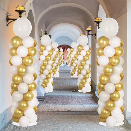 Image of 2 Sets Retro Sand White Gold Balloon Column Stand Kit with 100 Balloons Adjustable Balloon Tower Stand with Bases for Floor Balloons Column Kit for Graduation Birthday Appreciation Party Decor