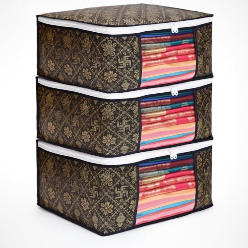 Image of LAXIS Foldable Royal Print Saree Cover Set, Saree Bags, Saree Covers For Storage, Wardrobe Organiser | (Golden-Black, Pack of 3)