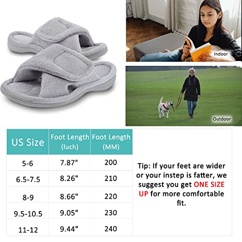 Git-Up Women'S Memory Foam Slippers With Arch Support Adjustable Hook And Loop Slippers Diabetic Open Toe Soft Bedroom House Slippers For Indoor Outdoor Shoes Grey Us 9.5/10.5 thumb #5