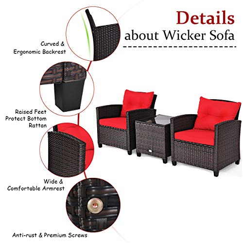 Image of Tangkula 3 Pieces Patio Furniture Set, PE Rattan Wicker 3 Pcs Outdoor Sofa Set w /Washable Cushion and Tempered Glass Tabletop, Conversation Furniture for Garden Poolside Balcony (Red)