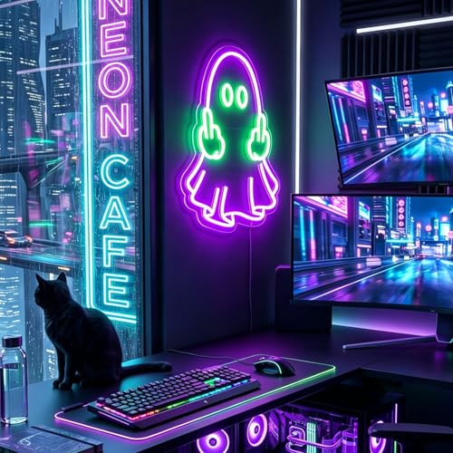 Image of Neon Sign, Ghost Neon Signs for Wall Decor LED Signs Neon Light | Ghost Neon Sign, Purple Led Sign for Bedroom, Gaming Room, Man Cave, Party, Bar, Halloween Decor, Boys Gift, USB Powered