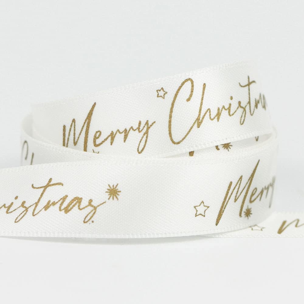 Christmas Ribbon, Grosgrain Polyester 16mm Winter Holiday Ribbon for Gifts Wrapping DIY Craft Sewing Xmas Tree Cake Wreath Bow Making Christmas Party Decoration, 5m (Merry Christmas White)