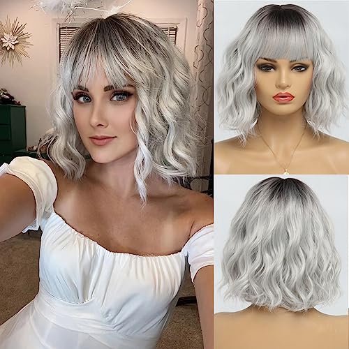 Bestung Short White Silver Wigs For Women Ombre Grey Wavy Bob Wig With Bangs Medium Length Synthetic Hair Water Wave Dark Roots Wig Gray Colorful Wigs(12 Inches) thumb #1