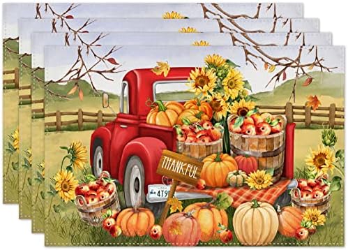 Fall Pumpkin Placemats for Dining Table, 12 x 18 Inch Farm Apples Sunflower Truck Autumn Thanksgiving Seasonal Holiday Decoration Rustic Washable Table Mats Set of 4