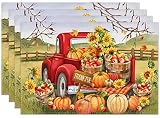 Fall Pumpkin Placemats for Dining Table, 12 x 18 Inch Farm Apples Sunflower Truck Autumn Thanksgivin