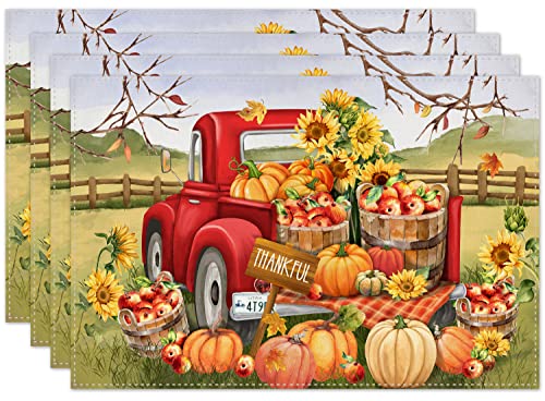 Fall Pumpkin Placemats For Dining Table, 12 X 18 Inch Farm Apples Sunflower Truck Autumn Thanksgiving Seasonal Holiday Decoration Rustic Washable Table Mats Set Of 4 #TOP12