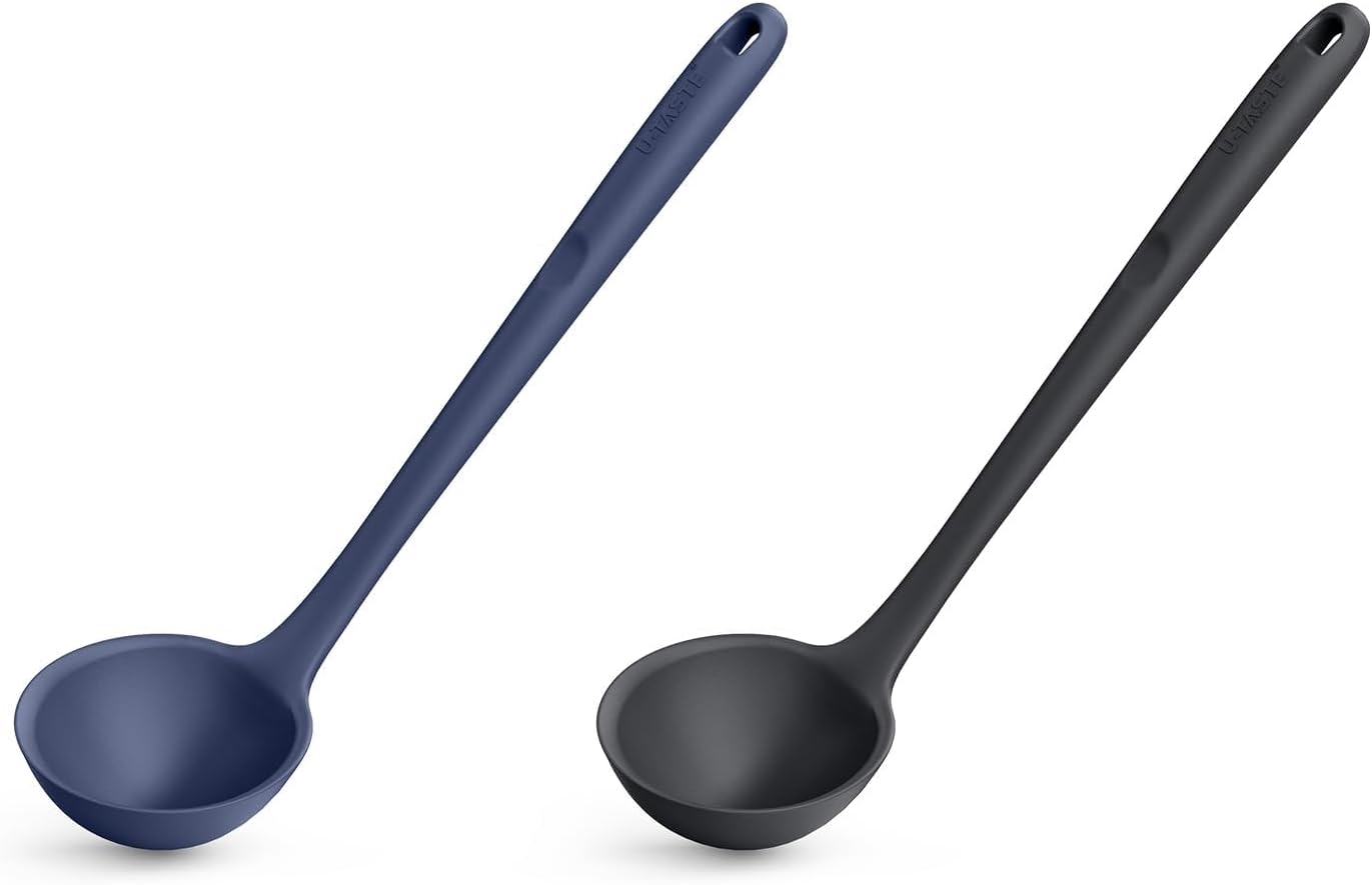 13 inch Silicone Soup Ladle: U-Taste 600ºF Heat Resistant 4 oz Large Non-stick Seamless Rubber Kitchen Deep Serving Spoon with Non-slip Solid Long Handle (Black+Midnight Blue)