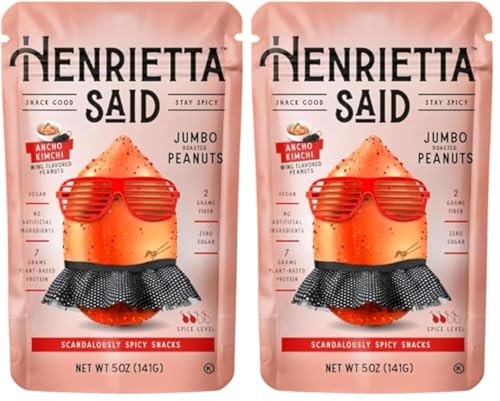 Image of Henrietta Said Wing-Flavored Peanuts - Truly Good Foods Snacking Nuts - Bold Flavors - Savory & Spicy - Jumbo Flavored Peanuts - Protein Packed Vegan Snack - 1 (5-oz) Pack - Ancho Kimchi (Pack of 2)