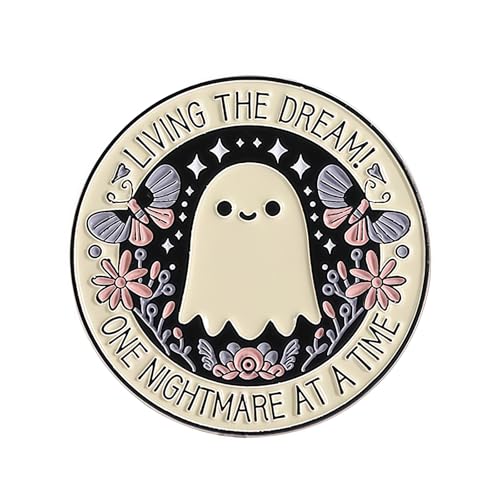 Image of Vesavifaka Pin Badge, Cute Enamel Pin with Ghost Butterfly Flower Round Design, Cartoon Brooch for Women and Men, for Bag Jacket Rucksack Hat Clothing Halloween Accessories