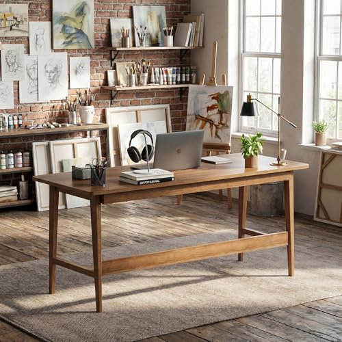 Image of 63 Inch Computer Desk, Large Home Office Desk with Storage Shelf, Solid Wood Long Writing Desk for Study, Workstation Table for Home Office, Study Room (Walnut)