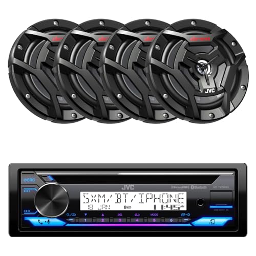 JVC KD-T92MBS Single DIN Marine Motorsports USB Bluetooth AM/FM Stereo CD Player Receiver with 4X 6.5 150 Watt Peak Power 2-Way Waterproof Boat Audio Speakers (Black)