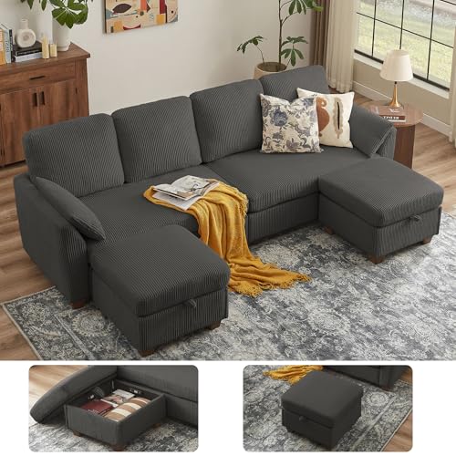 Image of Sectional Sofa with Dual Storage Ottomans, 4 Seat U Shaped Couches for Living Room: Soft Corduroy | Double Movable Chaise Ottoman | Modern Reversible Convertible Couch Set, Dark Grey