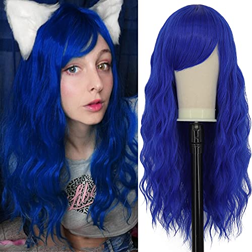 Fover Long Blue Wigs for Women Blue Curly Wavy Wig with Bangs Synthetic Hair Replacement Wigs, Cute Fashion Natural Looking Wig for Daily Party Cosplay 26 Inch FE007BL