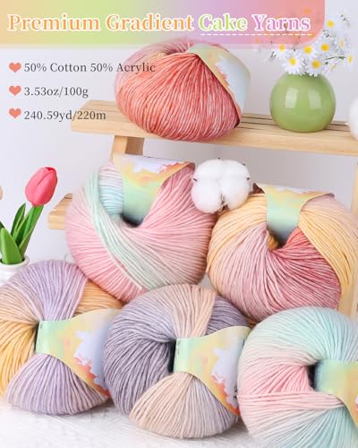 Image of Coopay Yarn for Crocheting Knitting, Gradient Cake Yarns, 2 x 3.53oz - 240yds - 50% Cotton 50% Acrylic Ombre Yarns, Crochet Yarn for Blankets, Shawls, Scarves (115 Sunset)