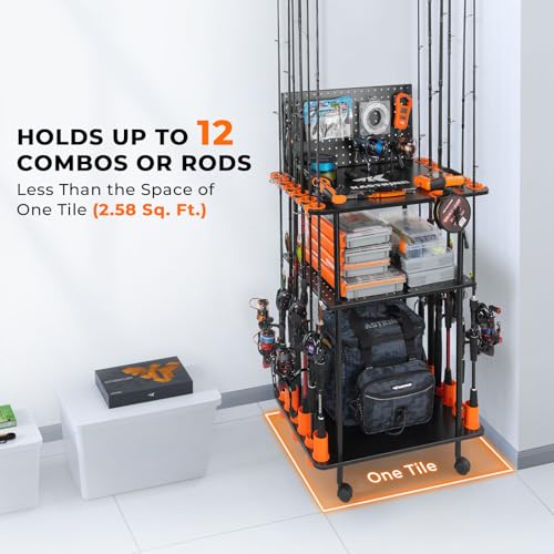 KastKing V12 Gear Trolley, Indoor Fishing Rod Holder for 12 Combos, 3-Tier Fishing Rod Rack With Peg Wall, Patented Built-in Line Spooler, Mobile Tackle Storage Cart With Locking Wheels