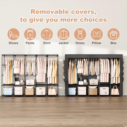 Image of Vicye Black Fabric Wardrobe Closet Wardrobe Closet with Cover 3 Clothes Rails