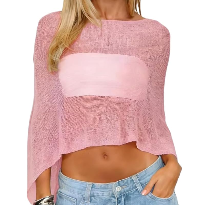 1Pcs Pink Women Sheer Poncho Top, Lightweight Knit Mesh Crochet Beach Cover Up Shrug, Boho Summer See Through Shawl, Casual Loose Fit Sheer Top for Women Vacation Pool Party Bikini Cover Up-image-37