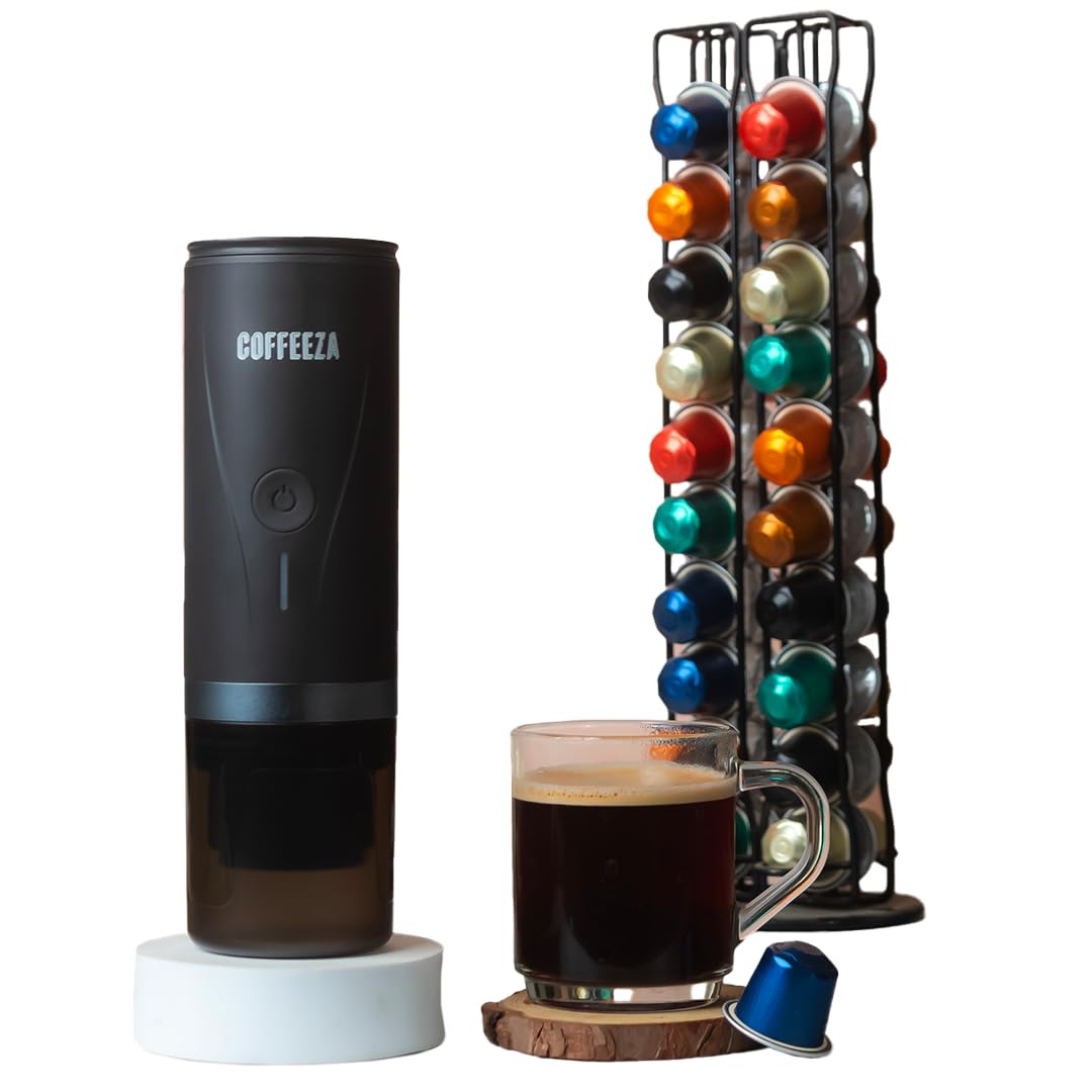 COFFEEZA Finero Mini Portable Espresso Machine & Capsule Holder Combo – Travel Coffee Maker with Rotating Stand for 40 Pods, Perfect for Home, Office, Camping & Travel