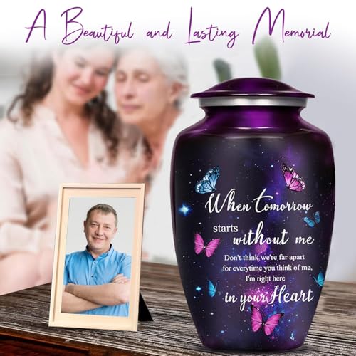 Image of Purple Butterfly Urns for Human Ashes Adult Female & Male with Black Cross Ash Necklace | Handcrafted Purple Urn for Ashes for Women & Men | Large Decorative Urns for Funeral Up to 220lbs
