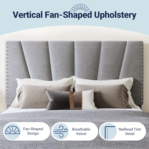 Image of Allewie Full Size Velvet Platform Bed Frame with Adjustable Headboard, Grey | Height-Adjustable Velvet Headboard, Rivet-Style Nailhead Trim, Wooden Slat Support, No Box Spring Needed, Easy Assembly