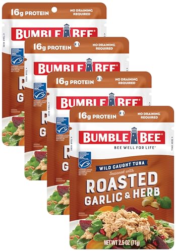 Bumble Bee Roasted Garlic &amp; Herb Seasoned Tuna, 2.5 oz Pouch - Ready to Eat - Wild Caught Tuna Packet - 16g Protein per Serving - Gluten Free (Pack of 4)