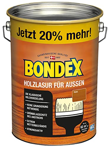 Bondex Holzlasur für Außen Teak 4,8 L für 62 m² | Hoher Wetter- und UV-Schutz | Natürliches Abwittern - kein Abplatzen | seidenmatt | Holzschutzlasur | Holzlasur