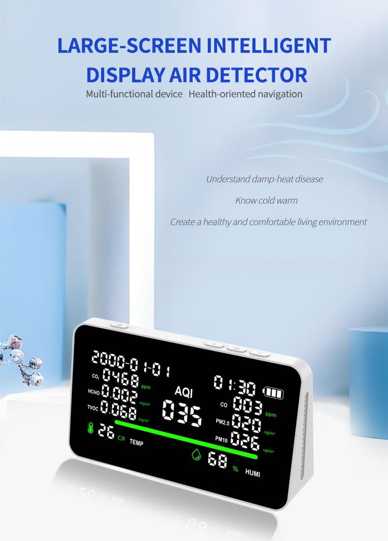 Monitor de calidad del aire interior 11 en 1 con pantalla de 7 pulgadas para sensor de humedad de temperatura CO2 PM2.5 PM10 HCHO TVOC, batería USB-C de 850 mAh