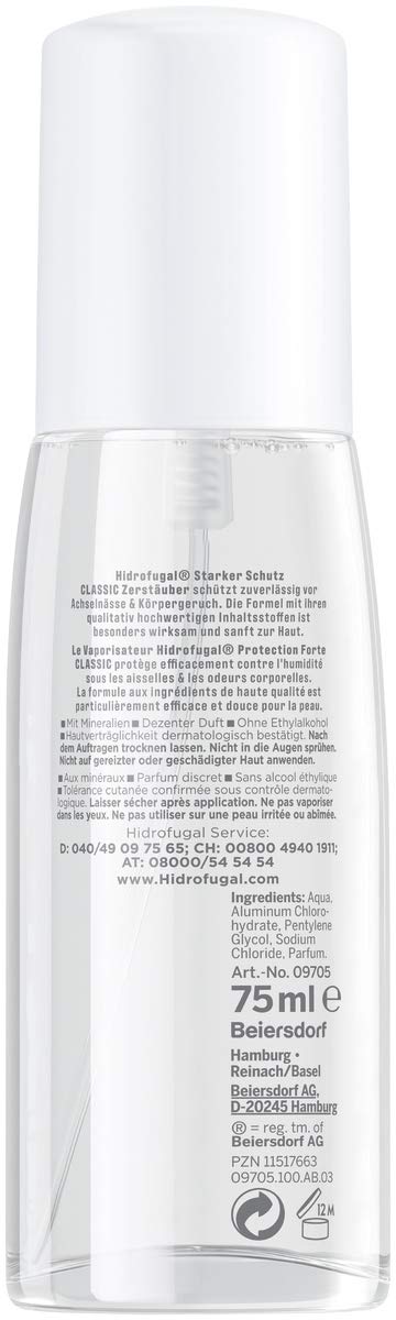 Hidrofugal Klasyczny rozpylacz (75 ml), silna ochrona antyperspirant o delikatnym zapachu, dezodorant zapewniający niezawodną ochronę bez alkoholu etylowego