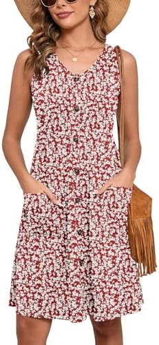 Heymoments Women's Summer Dresses Sleeveless Casual Fashion Loose Swing Button Down Beach Dress with Pockets