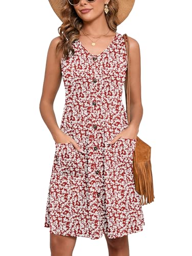 Image of Heymoments Women's Summer Dresses Sleeveless Casual Fashion Loose Swing Button Down Beach Dress with Pockets