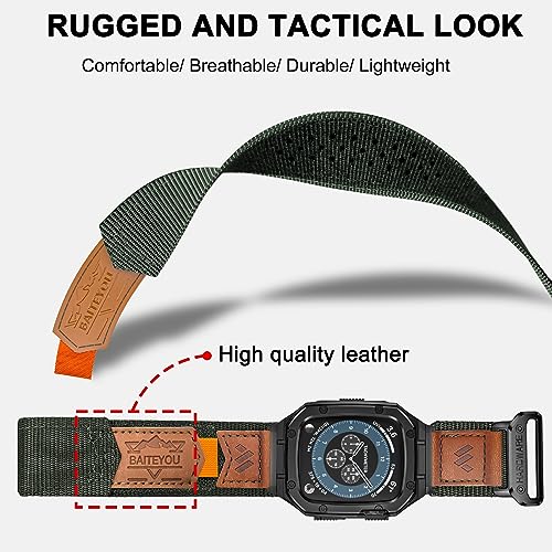 Image of BAITEYOU Band with Case Compatible with Apple Watch Band Series 6 5 4 SE 3 2 1 44mm 42mm, Nylon Strap with Stainless Steel Metal Rugged Case Cover for iwatch Bands for Men