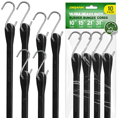 Bungee Cords with Hooks (10 Pack) Heavy Duty Outdoor Rubber Tarp Straps in 10", 15", 21", 31" Sizes, Crimped S Hooks for Cargo, Bikes, Camping Gear, Luggage - Max Stretch 1.5X, Load 180 lbs