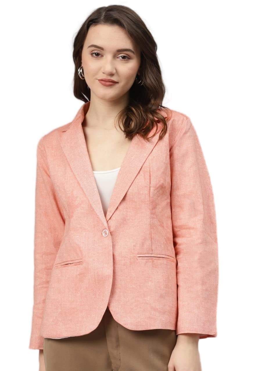 Women Peach-Coloured Cotton Solid Single-Breasted Casual Blazer