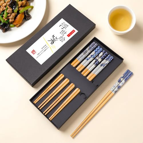 Image of Antner 5 Pairs Bamboo Chopsticks Reusable Chopstick Exquisite Japanese Style Chop Sticks with Black Box for Sushi, Ramen, Hot Pot and Asian Dining, 8.8 Inch /22.5cm Gift Set